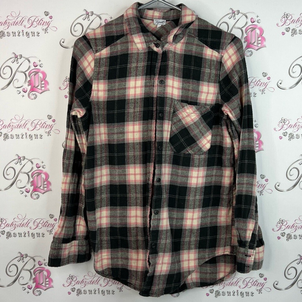 Kismet button up collared Plaid Casual Shirt - Black, Pink, White long sleeve